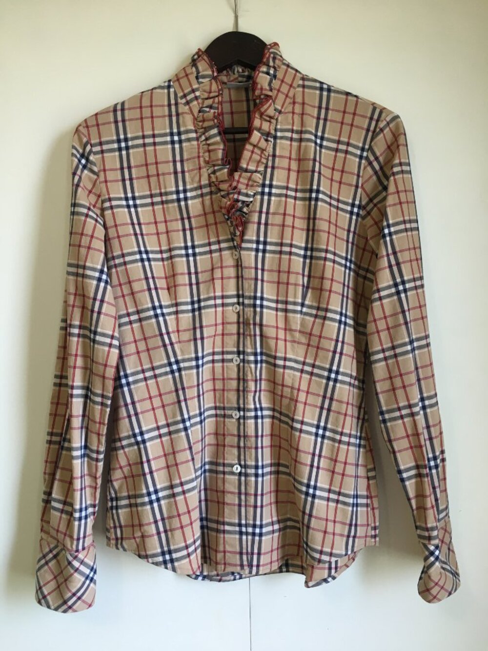 And Camacie Italy Burberry Plaid Ruffled Collar Tailored Blouse Size 46